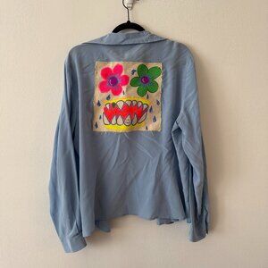 Blue Button-Up Blouse with Handpainted Canvas Artwork – One of a Kind